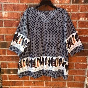 Ulla Popken Womens 16/18 Black Geometric Feather Print Elbow Sleeve Tunic Top